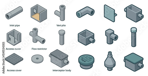 Plumbing and pipe isometric icons set – 3d, solid, construction and building symbols