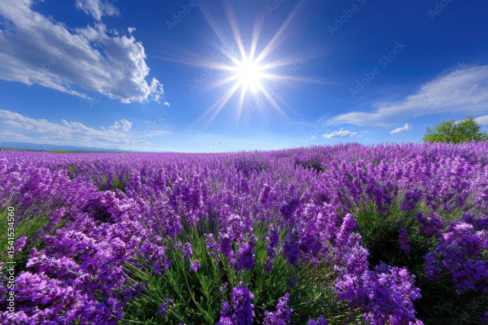 Fototapeta premium Lavender fields bloom under a bright sun in a vibrant landscape