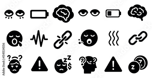 Sleep and relaxation solid icons set – silhouette, filled, wellness and rest symbols