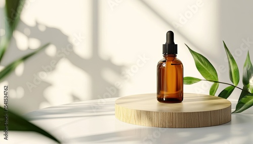 Amber glass dropper bottle on a wooden platform, bathed in natural light