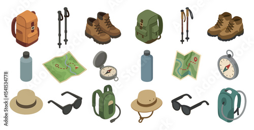 Outdoor adventure icons set – isometric, flat, hiking and exploration designs