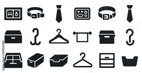 Home organization solid icons set – storage, declutter, tidy house visuals