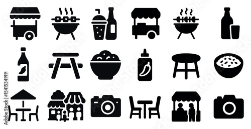 Street food silhouette icons set – flat, filled, outdoor and vendor symbols