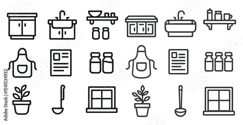Kitchen essentials outline icons set – linear, minimalist cooking tools symbols