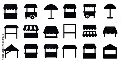 Market stall silhouette icons set – solid, filled, vendor and street shop symbols