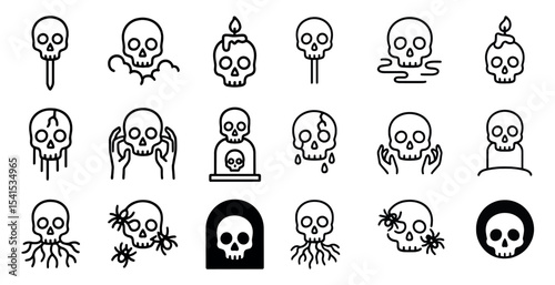 Skull and halloween outline icons set – linear, spooky, horror elements for design