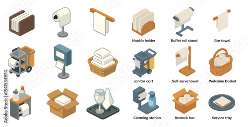 Hospitality and cleaning isometric icons set – flat, janitorial, service tools
