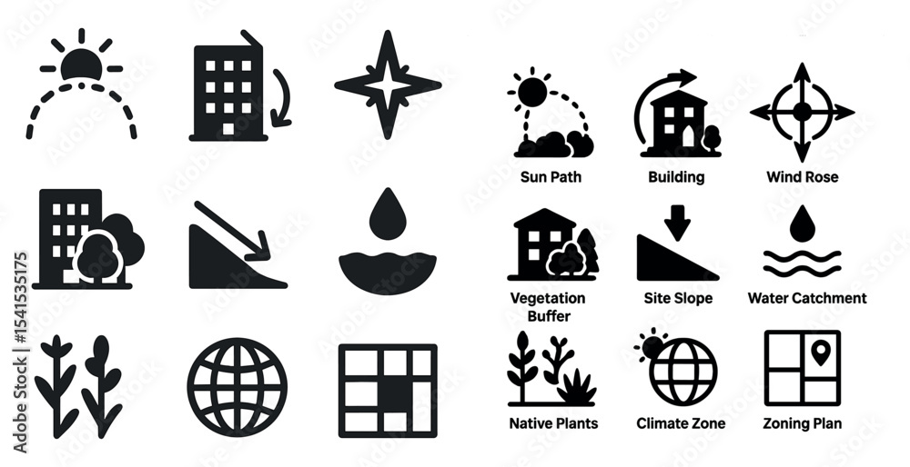Urban planning solid icons set – building, climate, site design symbols