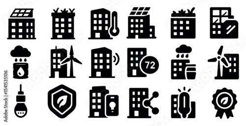 Sustainable energy solid icons set – renewable, eco-friendly, environment symbols