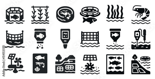Aquaculture and fishery solid icons set – filled, marine, seafood industry symbols