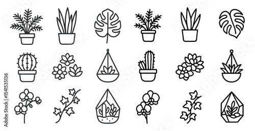 Houseplant outline icons set – linear, silhouette, potted plant and foliage symbols
