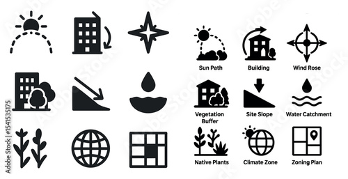 Urban planning solid icons set – building, climate, site design symbols