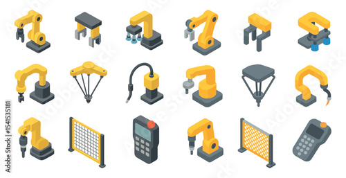 Industrial manufacturing isometric icons set – equipment, machinery, robotics graphics