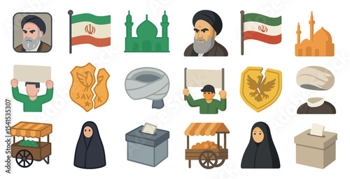 Political and cultural flat icons set – filled, outline, heritage and society symbols