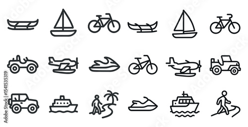 Outdoor adventure line icons set – travel, exploration, recreation illustrations