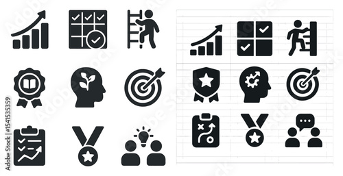 Business and productivity icons set – solid, filled, strategy and teamwork symbols