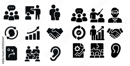 Business and teamwork icons set - silhouette, solid, collaboration symbols