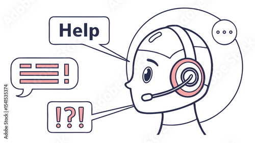 Illustration of a call center operator with headset and speech bubbles indicating help and assistance request