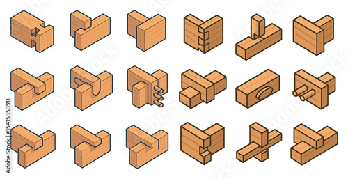 Woodworking isometric icons set – carpentry, joinery, detailed vector symbols