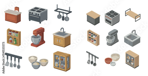 Kitchen and cooking isometric icons set – 3d, culinary, food preparation symbols
