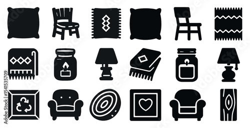 Furniture and decor solid icons set – silhouette, filled, home and interior design symbols