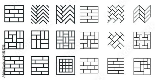 Flooring pattern outline icons set – linear, tile, parquet design symbols