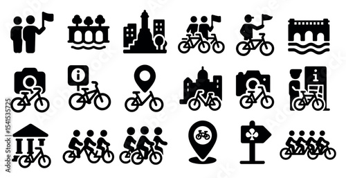 Cycling and travel silhouette icons set – outline, flat, biking and tourism symbols