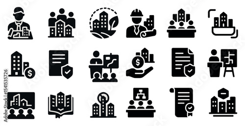 Business and corporate filled icons set – professional, solid, finance symbols