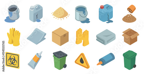 Cleaning supplies isometric icons set – sanitation, hygiene, maintenance symbols