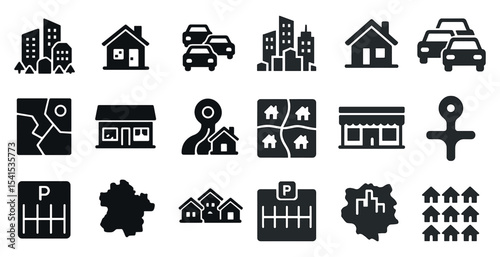 Real estate silhouette icons set – property, housing, urban development symbols