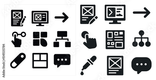 Web development solid icons set – coding, design, programmer symbols