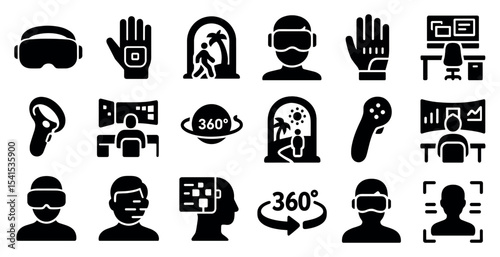 Virtual reality silhouette icons set – immersive, 360-degree, digital world symbols