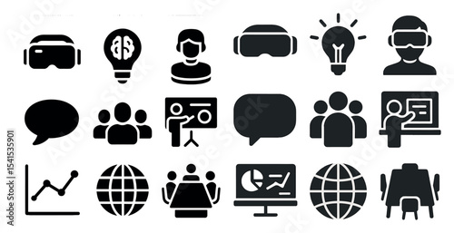Tech and business solid icons set – silhouette, filled, innovation and teamwork symbols