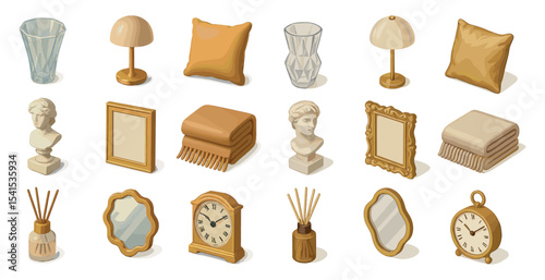 Home decor isometric icons set – 3d, furniture, interior design symbols