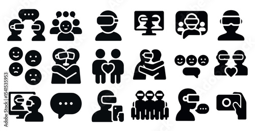 Virtual reality solid icons set – filled, tech, ar and vr communication symbols