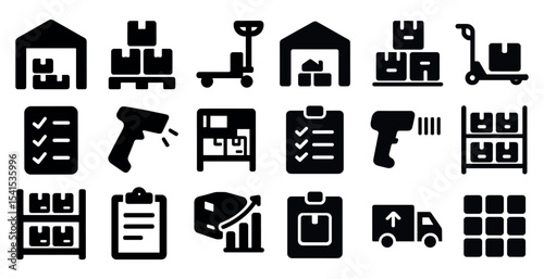 Warehouse and logistics solid icons set – filled, inventory and supply chain symbols