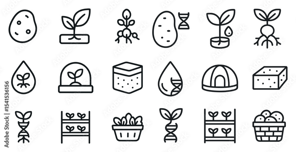 Fototapeta premium Agriculture and farming outline icons set – linear, seeds, crops, plant growth symbols