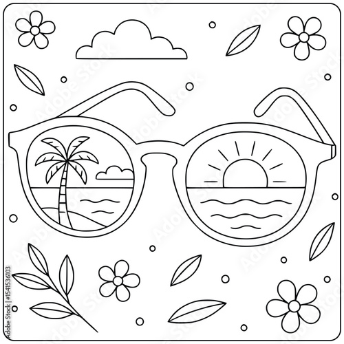 Summer Sunglasses with Beach Reflection – Fun Coloring Page