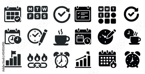 Time management solid icons set - filled, calendar, clock, task planner visuals