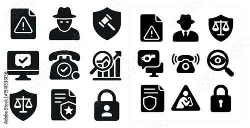 Legal and security solid icons set – versatile, protection, law enforcement graphics