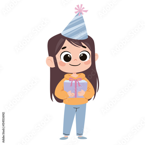 Flat vector illustration in a simple children's style. Cute little girl birthday girl holding gift box on white background. Vector illustration