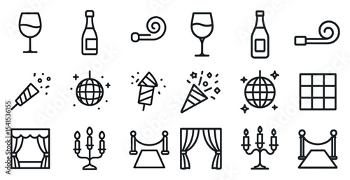 Celebration and party outline icons set – linear, festive, event symbols