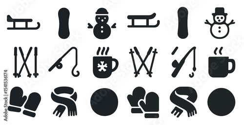 Winter sports filled icons set – solid, cold weather and snow activity symbols
