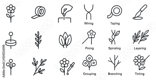 Floral and gardening icons set - outline, linear, plant and nature symbols