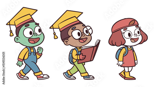 Three cartoon children walking with graduation caps and backpacks going to school in bright colors