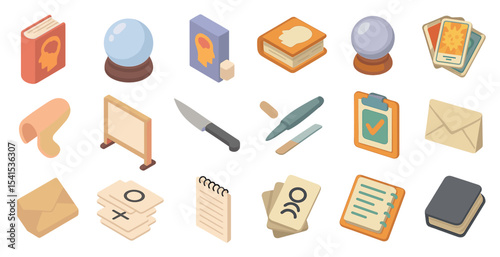 Mystical and fortune teller icons set – isometric, tarot, magical tools graphics