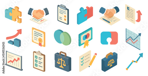 Business and finance isometric icons set – 3d, flat, corporate and bookkeeping symbols