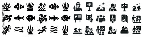 Marine life solid icons set – filled, aquatic, ocean exploration graphics