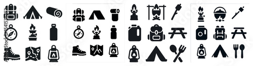 Camping equipment silhouette icons set – outdoor, hiking, adventure essentials