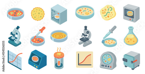 Microbiology isometric icons set – lab, science equipment and experiment symbols